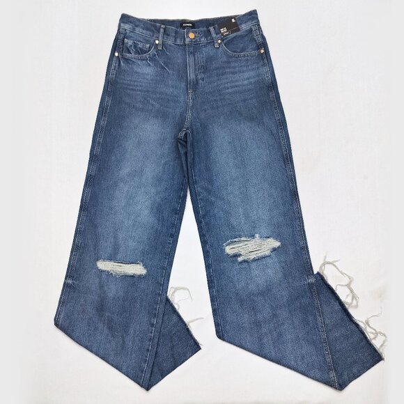 EXPRESS Distressed Wide Leg High Rise Jeans Ripped Frayed Hem Blue Sz 8 Long NWT - Picture 2 of 10
